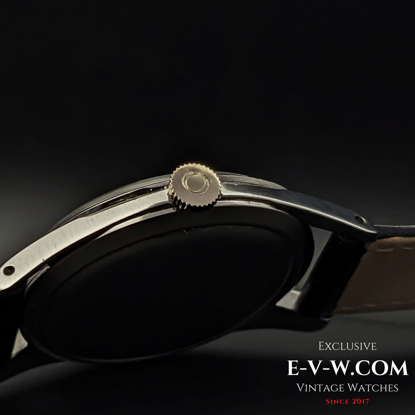 Close-up of the Omega-signed crown on the vintage Ref. 2750-6 wristwatch. A 1954 Swiss-made timepiece with a manual-wind movement.