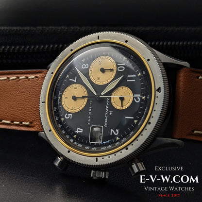 Close-up of Vintage Hamilton Automatic Chronograph for Collectors with gold subdials and date window, highlighting its Swiss-made precision.