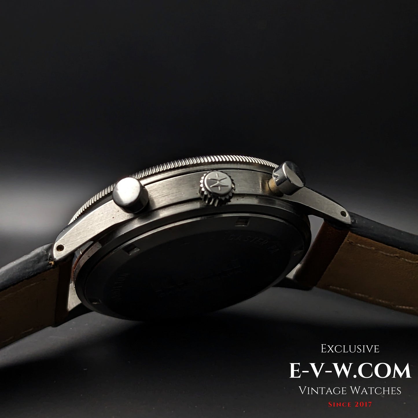 Side view of Hamilton Automatic Chronograph showing crown and pushers, emphasizing its vintage steel case construction.