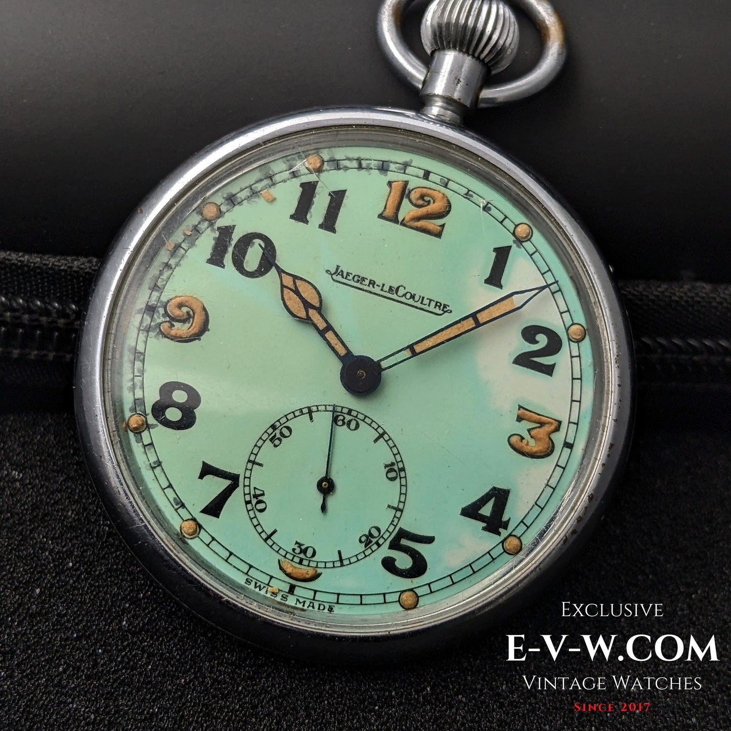 Front view of Jaeger-LeCoultre WWII Military Watch Cal. 467 Vintage 1940 with clear dial and sub-seconds register.