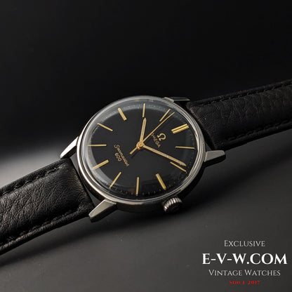 Angled view of Vintage Omega Seamaster 600 1966 Ref. 135011 with domed crystal and black dial, highlighting elegant vintage styling.