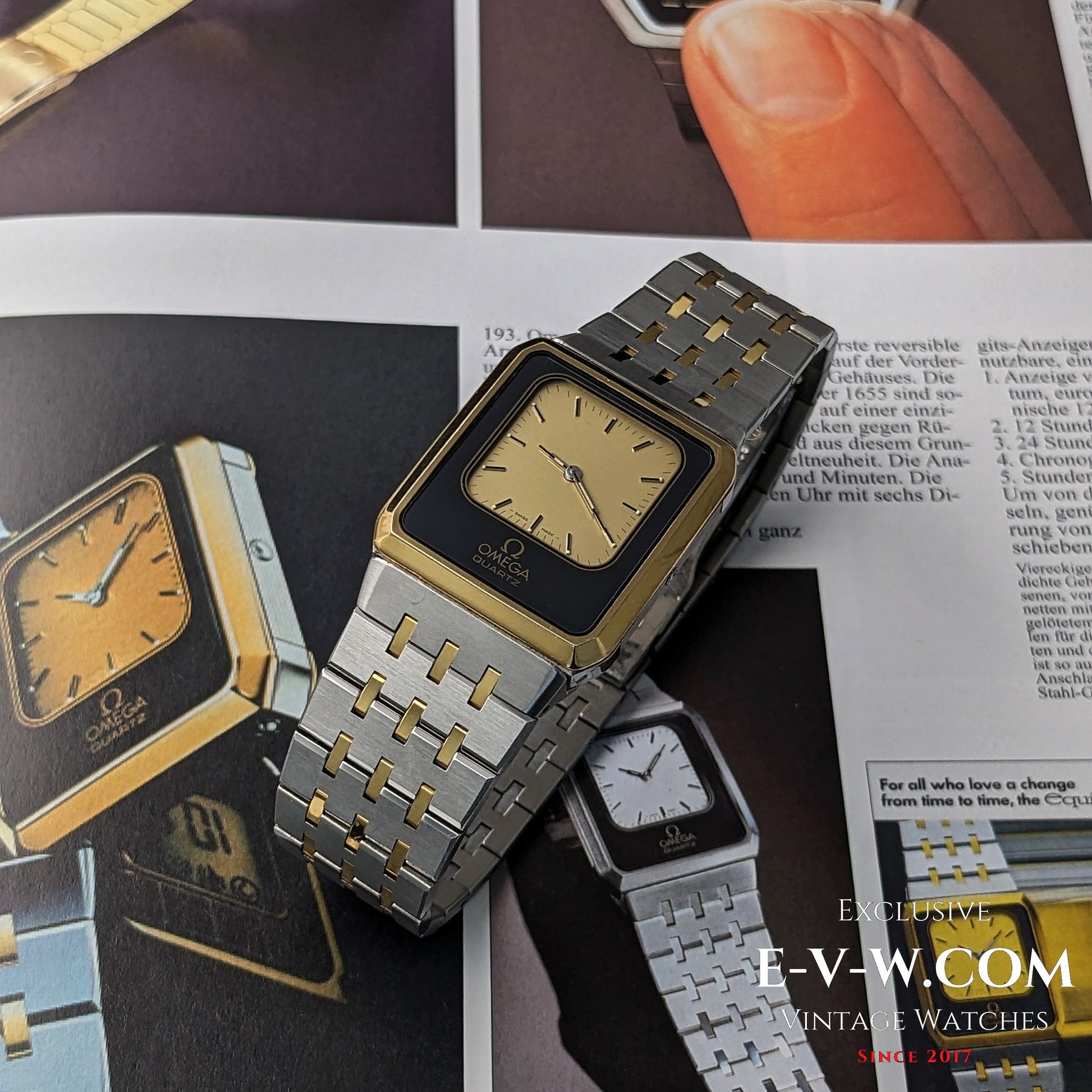 Omega Equinoxe Reverso 1982 vintage watch displayed on a magazine, highlighting its historical design and collectible appeal.