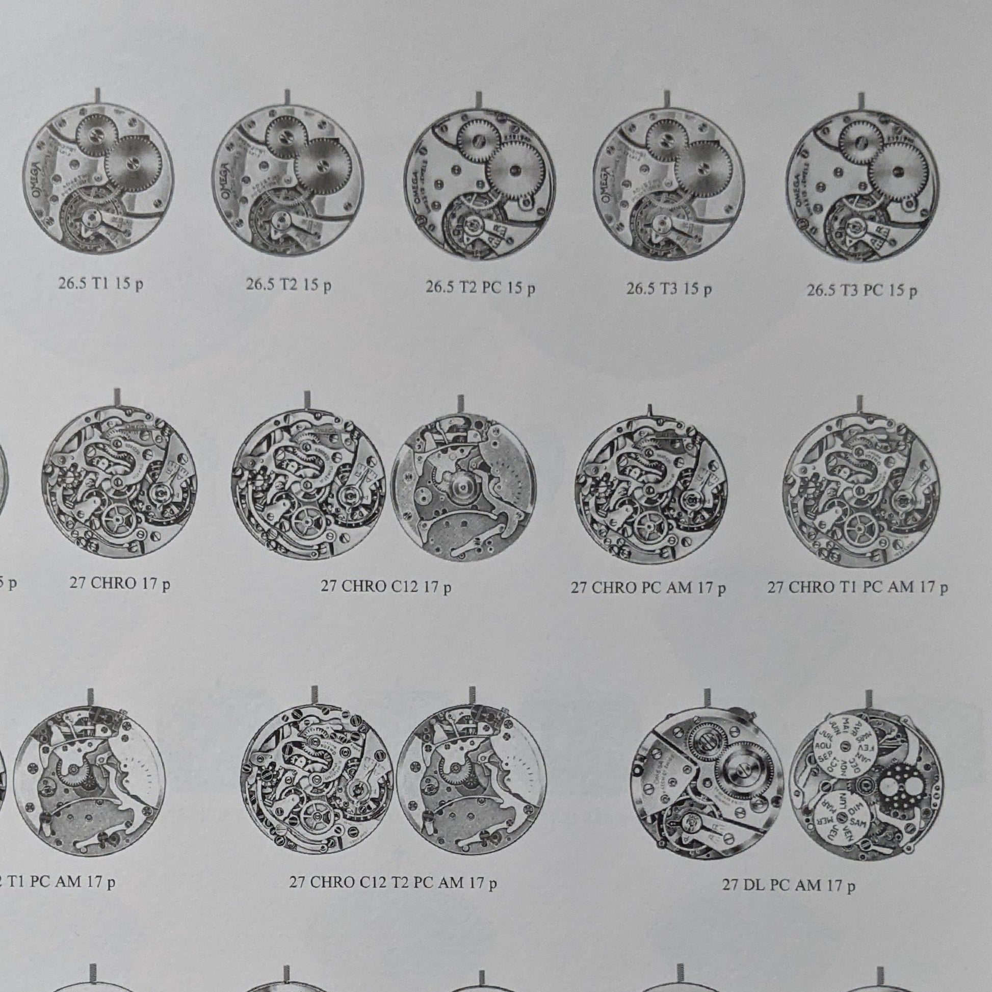 Reference chart displaying various Omega watch movements, including the 26.5SOBT2 caliber, used in vintage timepieces from the early 20th century.