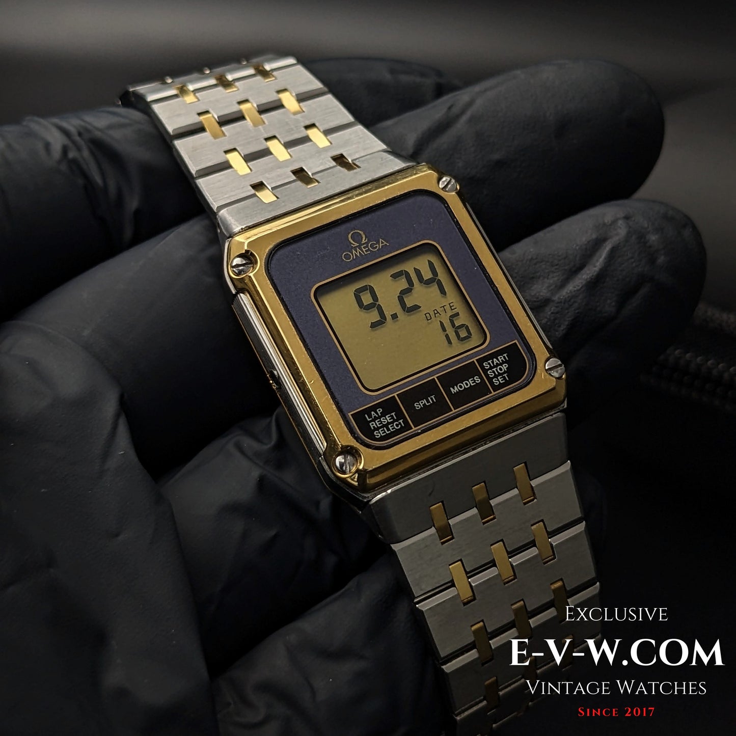 Reversed side of 1982 Omega Equinoxe Watch - Vintage Precision featuring digital display with stopwatch and date functions, Cal. 1655 quartz movement.