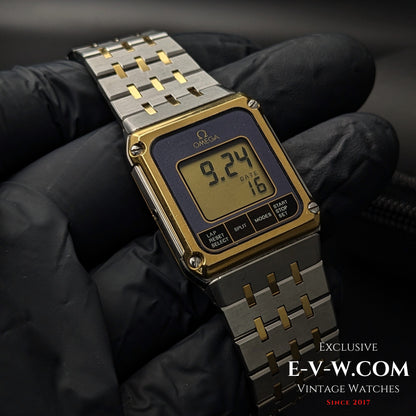 Reversed side of 1982 Omega Equinoxe Watch - Vintage Precision featuring digital display with stopwatch and date functions, Cal. 1655 quartz movement.