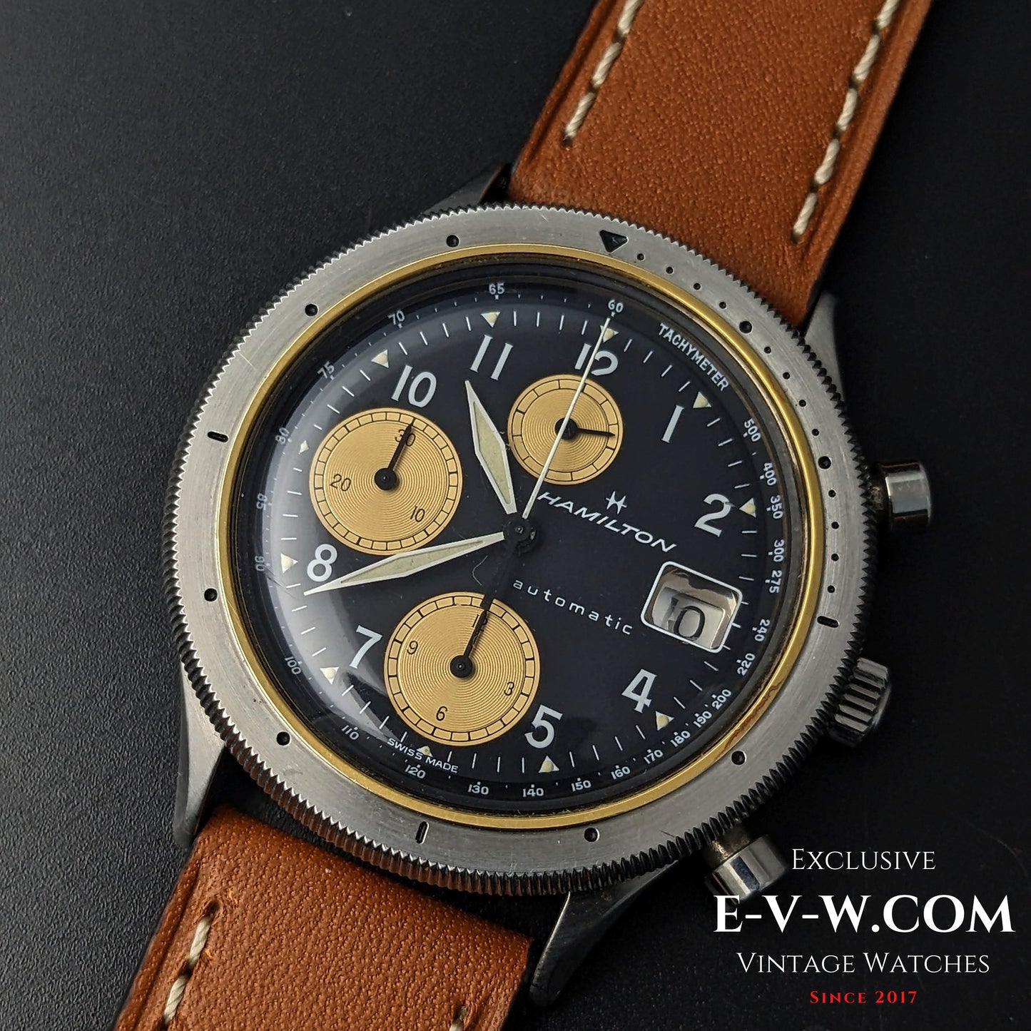 Top-down view of Vintage Hamilton Automatic Chronograph with gold subdials and tachymeter, perfect for vintage watch enthusiasts.