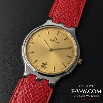 Front view of Omega vintage 24-hour dial watch with gold dial and red strap, Ref. 3961016, classic men's timepiece.