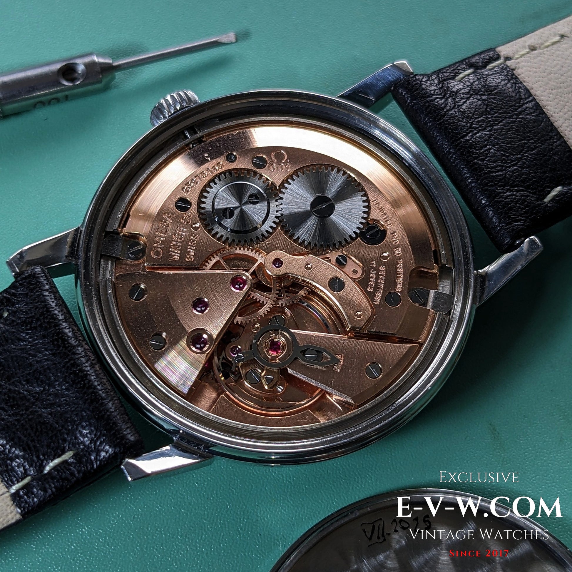 Close-up of Omega Caliber 601 manual movement inside Vintage Seamaster 600 1966 Ref. 135011, highlighting intricate mechanical components.