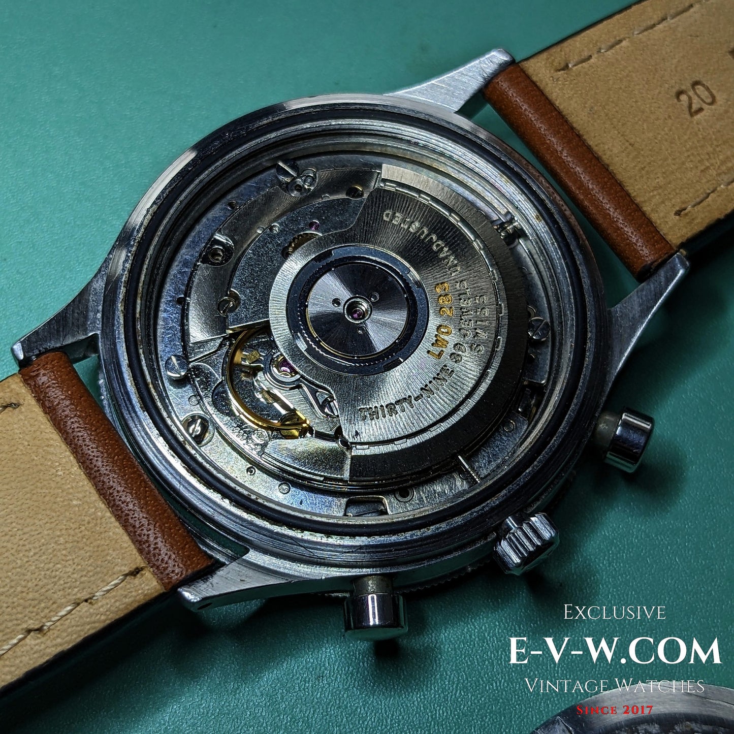 Detailed view of Cal. LWO 283 movement inside the Vintage Hamilton Automatic Chronograph, emphasizing its mechanical craftsmanship.