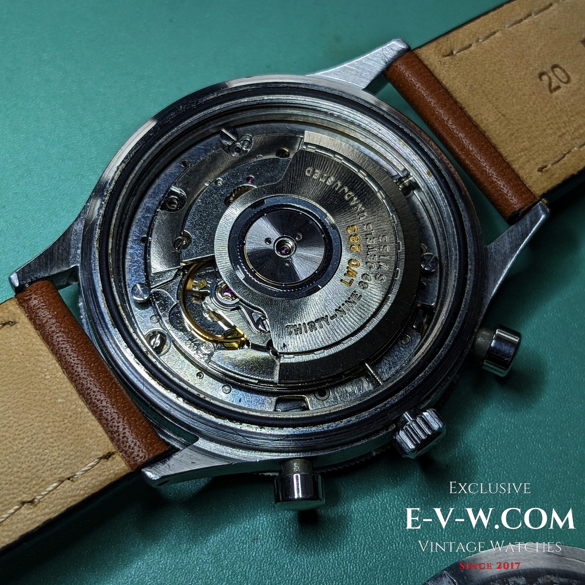 Detailed view of Cal. LWO 283 movement inside the Vintage Hamilton Automatic Chronograph, emphasizing its mechanical craftsmanship.