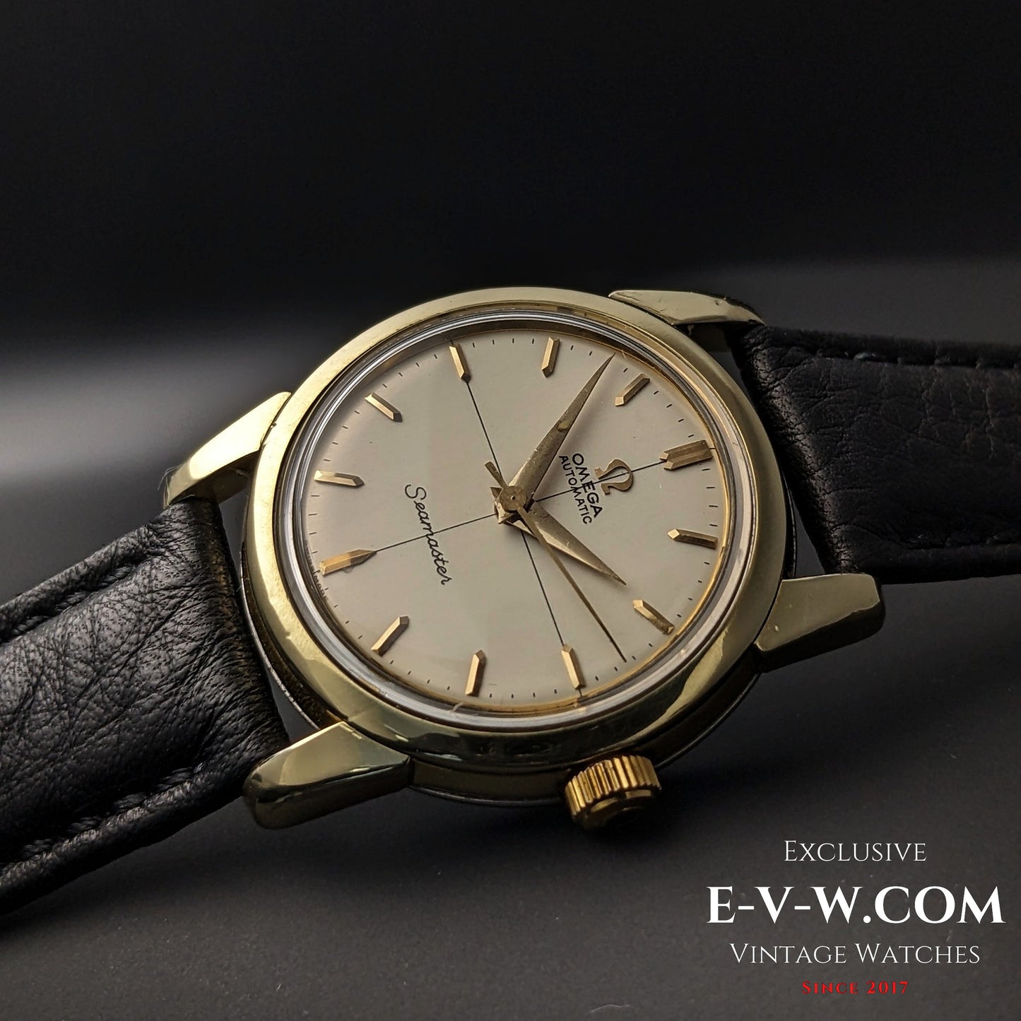 Angled view of Omega Seamaster 2828-9SC Cal. 471 vintage watch with gold-tone bezel and cream dial on black leather strap.