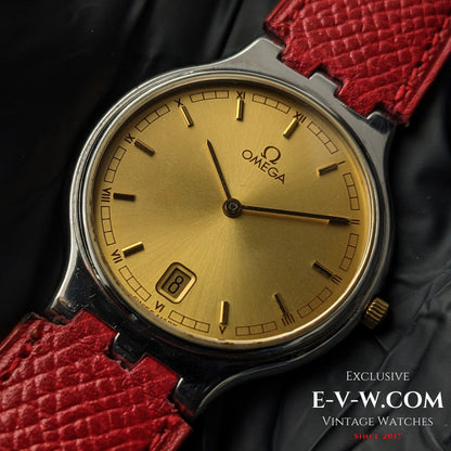 Detailed close-up of Omega vintage gold dial watch with red strap, Ref. 3961016, featuring Roman numerals and date display.