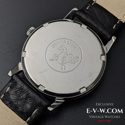 Case back of Vintage Omega Seamaster 600 1966 Ref. 135011 engraved with Seamaster logo and Omega symbol, stainless steel finish.