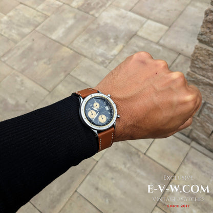 Vintage Hamilton Lancaster Chronograph on wrist, showcasing its 1980s design and collector appeal with brown leather strap.