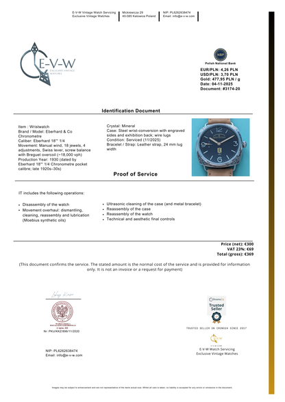 Antique 1920s  Eberhard & Co conversion with 18-jewel pocket watch movement and exhibition back