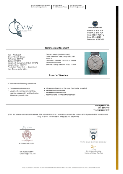 81 Years Old WWII Omega | Ref. CK 2317 / 10 | Cal. 30T2PC | Vintage 1944 | Serviced