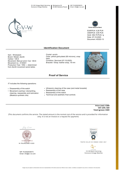 73 Years Old  Zenith Dress Watch |  gold-plated | Cal. 126-6 | Vintage 1952 | Serviced