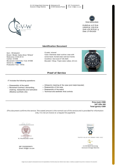 55 Years Old Vintage SEIKO Diver Capitan Willard Automatic Ref. 6105-8110 / Cal. 6105B / Vintage 1970s / Serviced