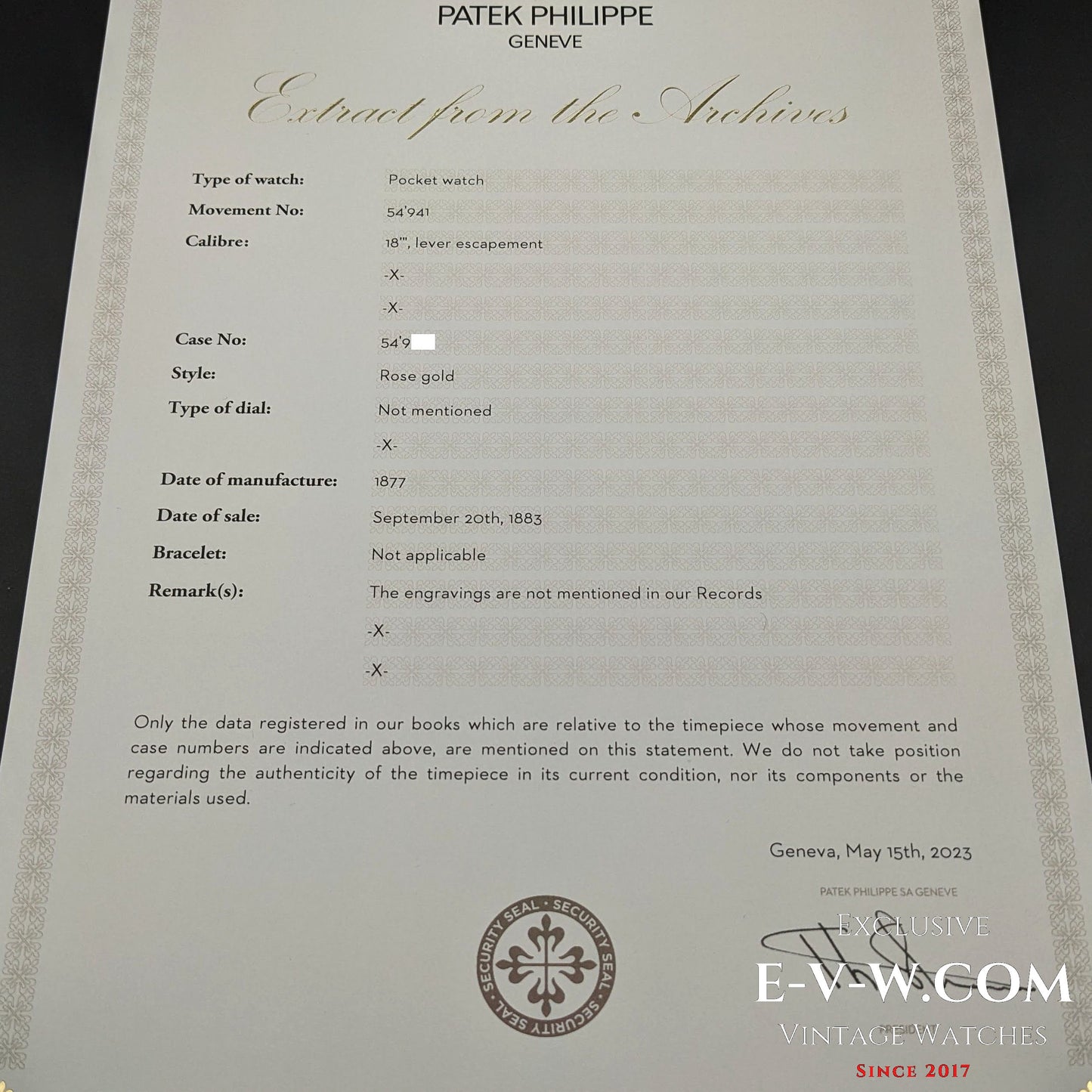Early Antique 146 years old Patek Philippe 18K Rose Gold / Antique 1877 /Cal.18" Lever Escapement / Patek Philippe Archives