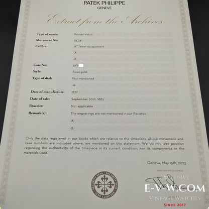 Early Antique 146 years old Patek Philippe 18K Rose Gold / Antique 1877 /Cal.18" Lever Escapement / Patek Philippe Archives