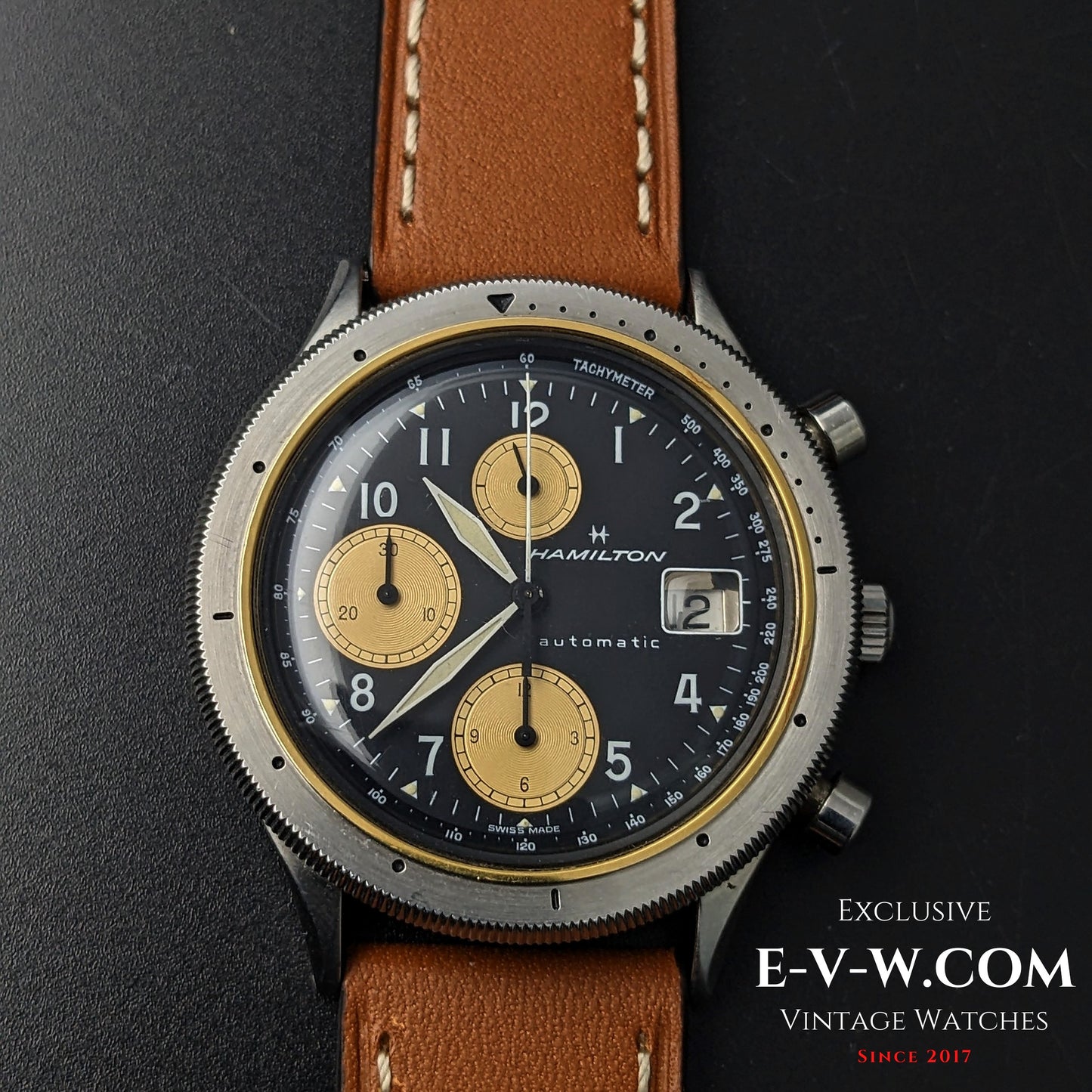 Front view of Vintage Hamilton Lancaster Automatic Chronograph with Cal. LWO 283, featuring a date window and tachymeter bezel.