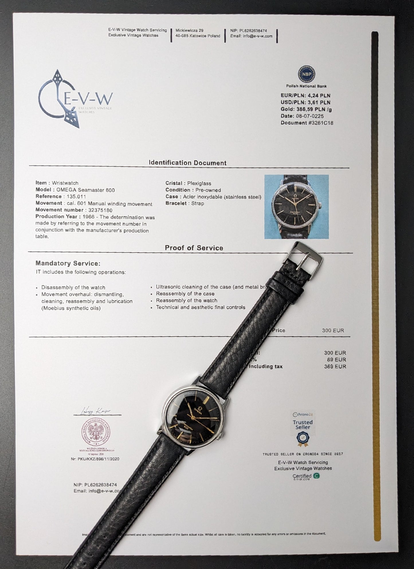 Omega Seamaster 600 1966 Ref. 135011 watch with official identification document and proof of service certificate from E-V-W Vintage Watches.