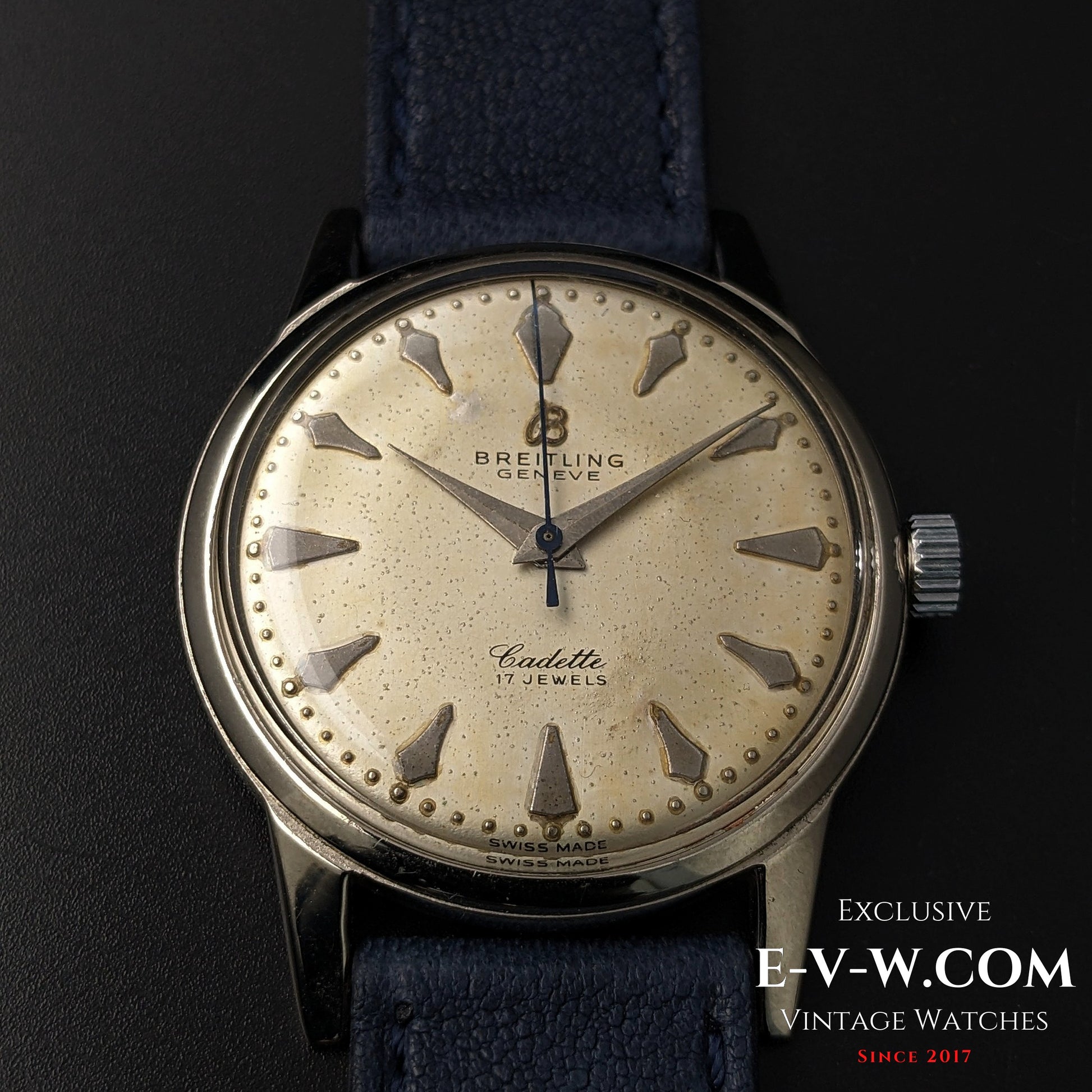 Front view of Vintage Breitling Geneve Cadette Watch 1960s showing full dial with 17 jewels marking and Swiss Made inscription.