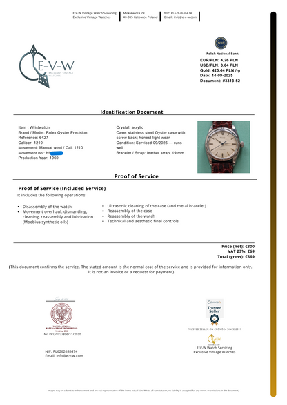 A classic early-1960s Rolex Oyster Precision non lume | Ref. 6427 | Cal. 1210 | Vintage 1960s | Serviced