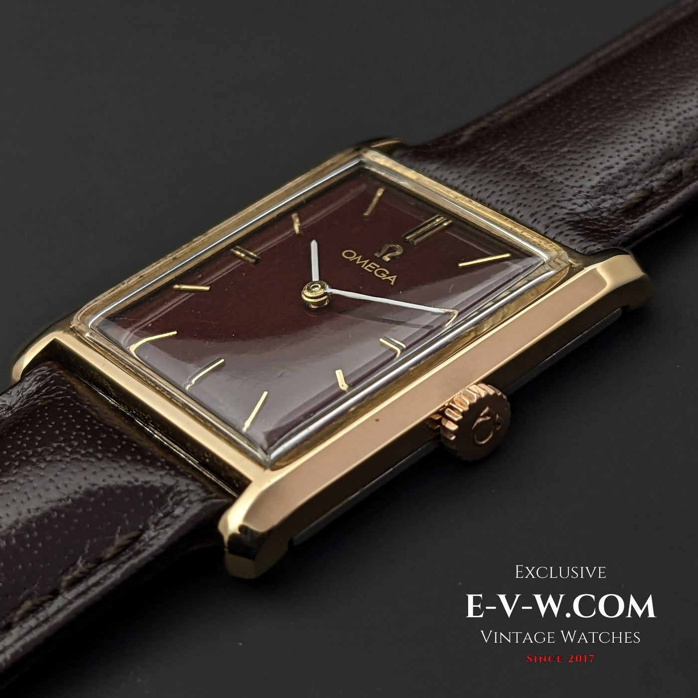 Omega Bordeaux Square Gold Plaque from 1960s / Fully Serviced