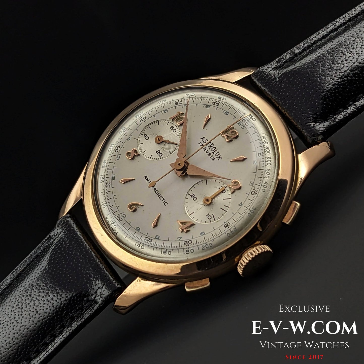 Unique Astrolux Antimagnetic Chronograph 18K 750 solid gold  / Jumbo 38 mm / Rare cal. Valjoux 92 / Vintage 1950s