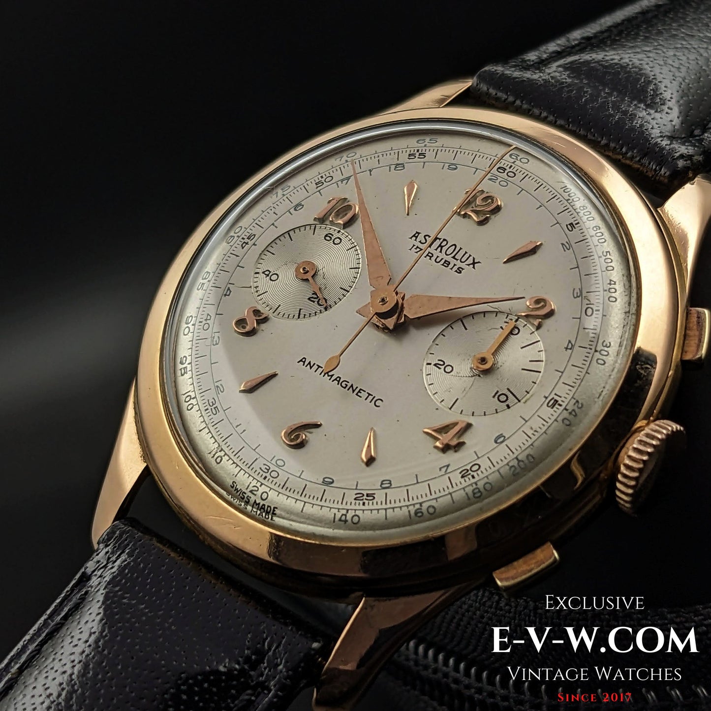 Unique Astrolux Antimagnetic Chronograph 18K 750 solid gold  / Jumbo 38 mm / Rare cal. Valjoux 92 / Vintage 1950s