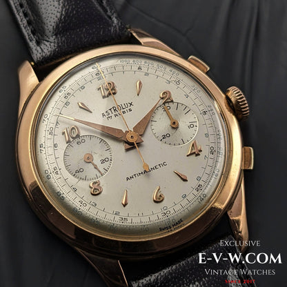 Unique Astrolux Antimagnetic Chronograph 18K 750 solid gold  / Jumbo 38 mm / Rare cal. Valjoux 92 / Vintage 1950s
