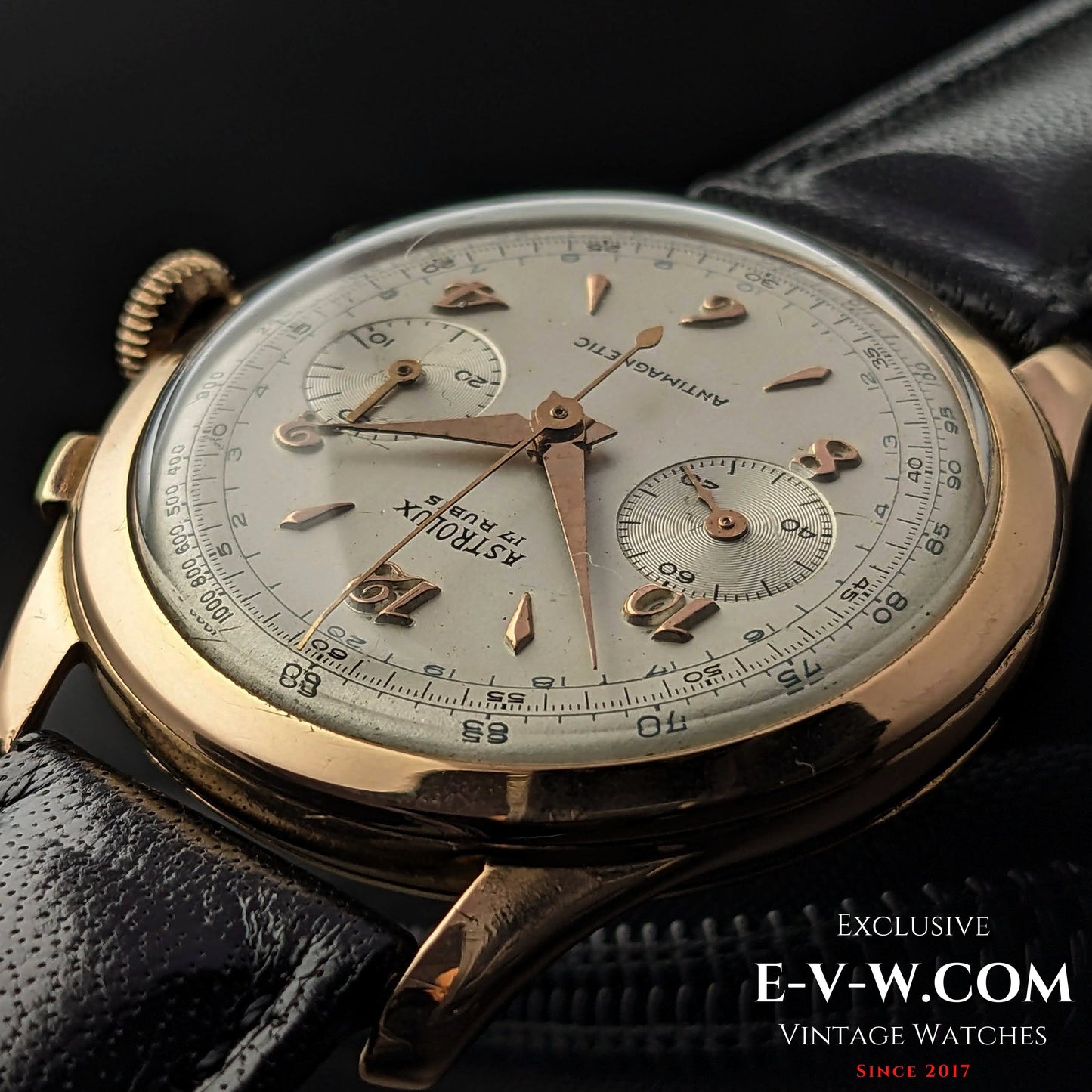 Unique Astrolux Antimagnetic Chronograph 18K 750 solid gold  / Jumbo 38 mm / Rare cal. Valjoux 92 / Vintage 1950s