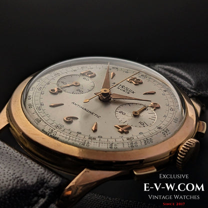 Unique Astrolux Antimagnetic Chronograph 18K 750 solid gold  / Jumbo 38 mm / Rare cal. Valjoux 92 / Vintage 1950s
