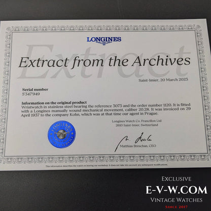 Longines Art Deco Very Rare/Longines Archives Extract/Cal.2028/Ref 3073/Vintage 1935