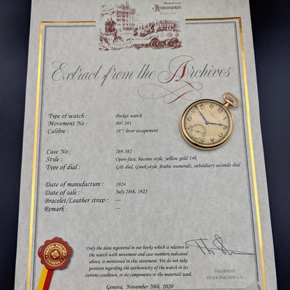 Patek Philippe 1924 unique Geneve Gold with Extract from  Patek Philippe Archives - E-V-W.com